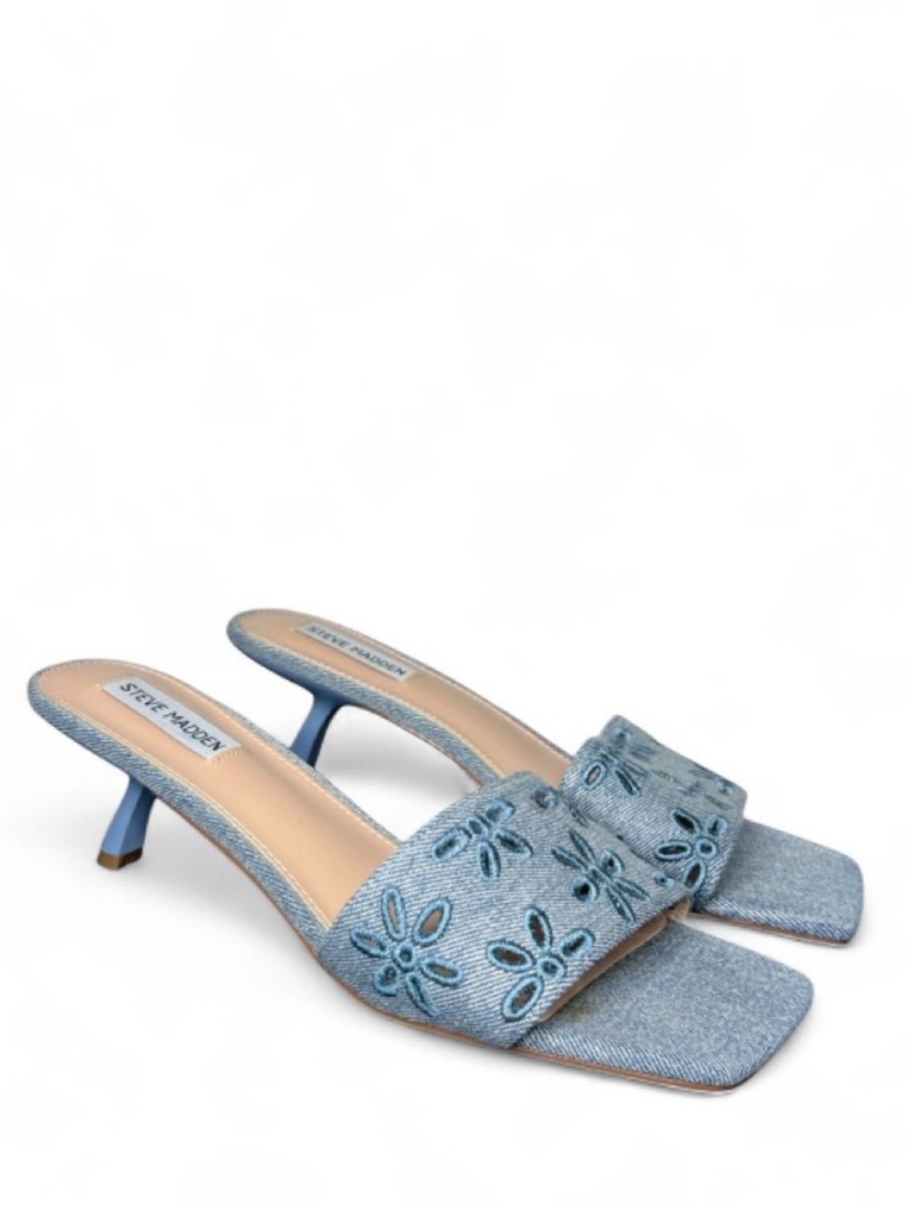 Steve Madden Embroidered Eyelet Floral Denim Josefina Slip On Kitten Heel